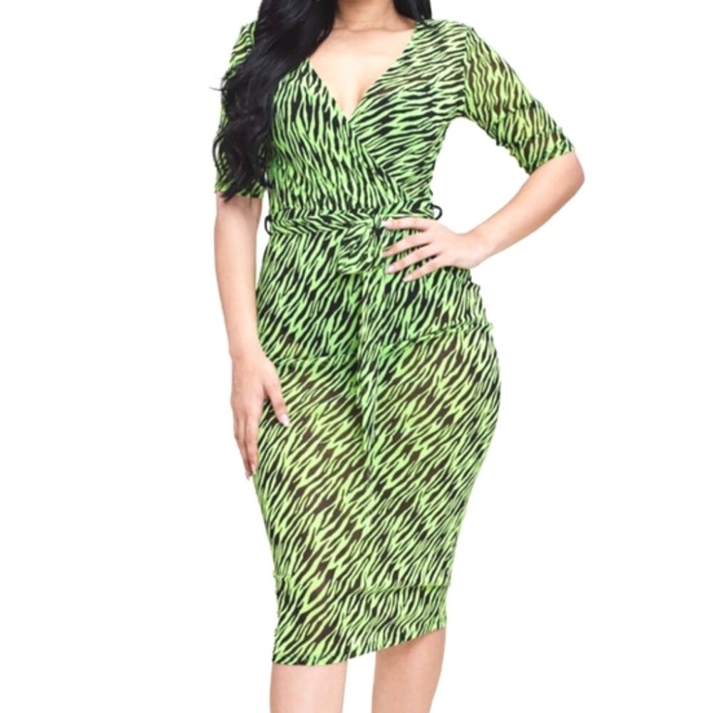 Elosie Lime Green Black Animal Print Sheer Vneck Midi Dress